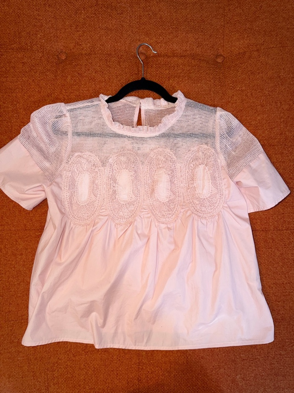 Women's Pink Lace Yoke Short Sleeve Top